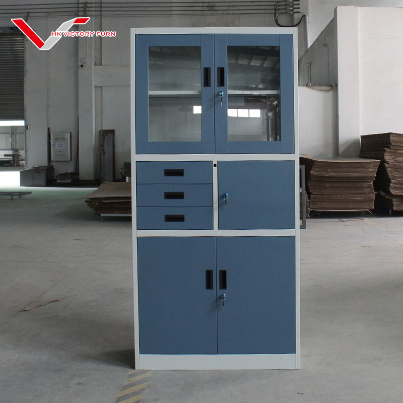 Metal Storage Office Cabinet Glass Door Swing File Cupboard with 3 Drawers Narrow Edge Design Office Furniture Cabinet