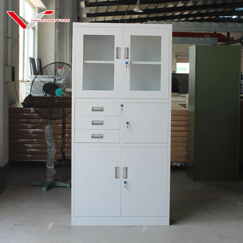 Metal Storage Office Cabinet Glass Door Swing File Cupboard with 3 Drawers Narrow Edge Design Office Furniture Cabinet