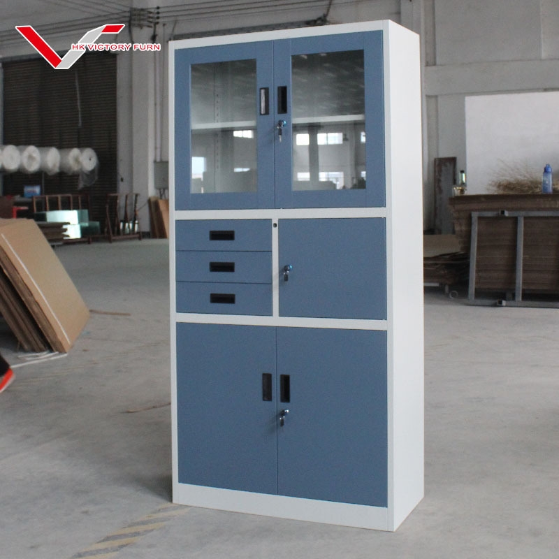 Metal Storage Office Cabinet Glass Door Swing File Cupboard with 3 Drawers Narrow Edge Design Office Furniture Cabinet