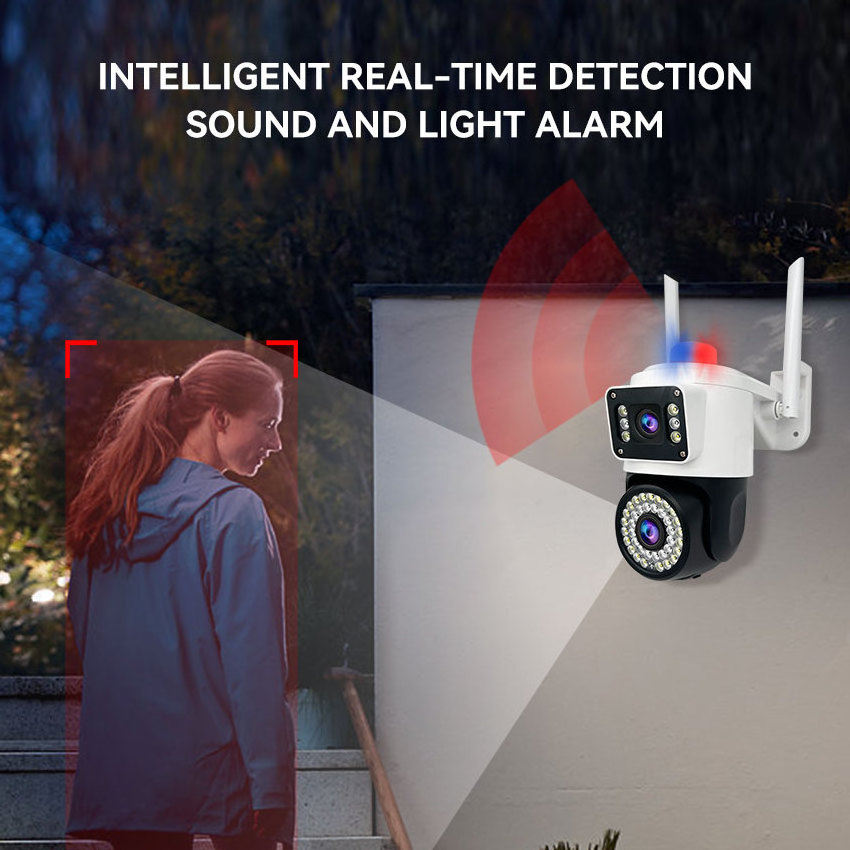 surveillance camera dual screen monitoring home outdoor waterproof 360 degree red and blue sound and light alarm wifi camera