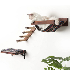 Wall Mounted Cat Climbing Shelf with 4 Steps Cat Hammock Wall Shelves and Perches Set Wooden Scratching Platform for Indoor Cat