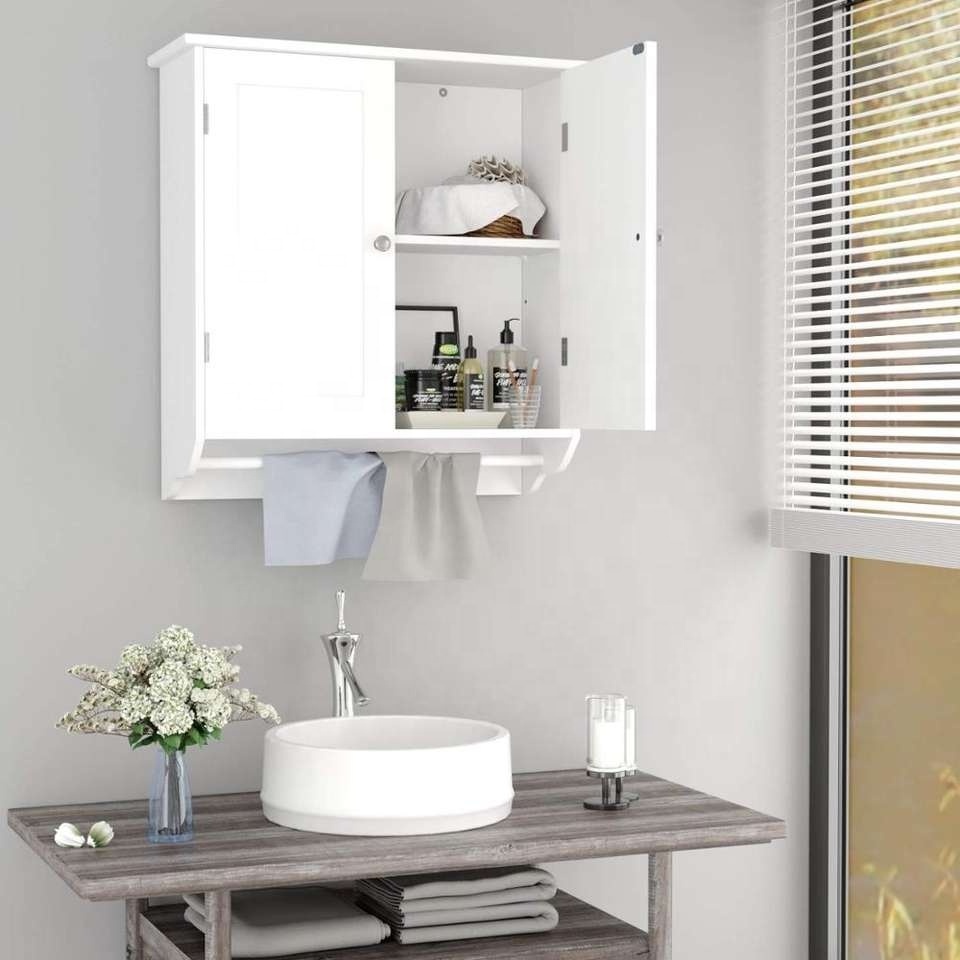 Home Cottage Wall Hanging Mounted White MDF Wood Bathroom Cabinet with Towel Bar