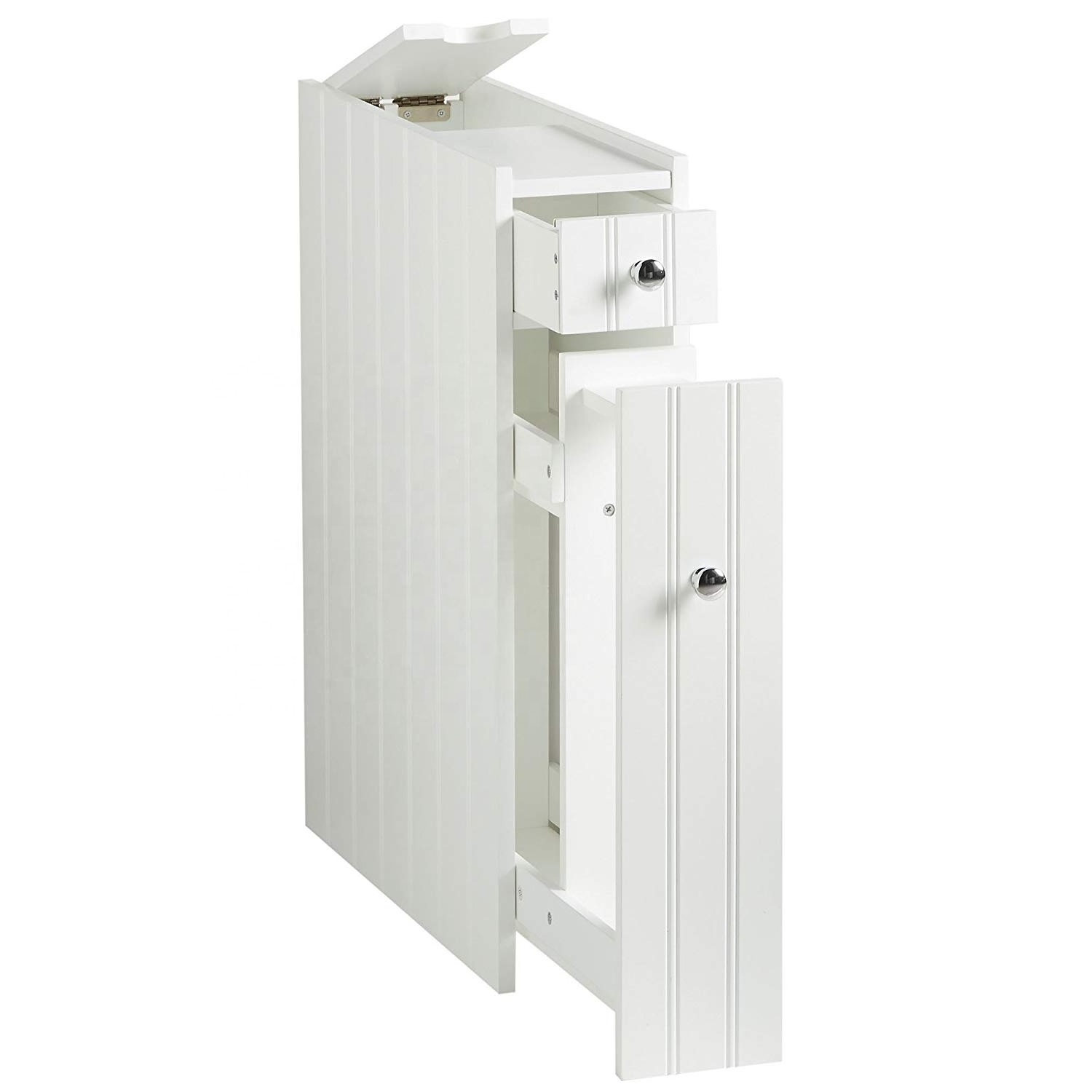 Freestanding White Narrow Thin Toilet Vanity Bathroom Storage Corner Floor Cabinet with Doors and Shelves