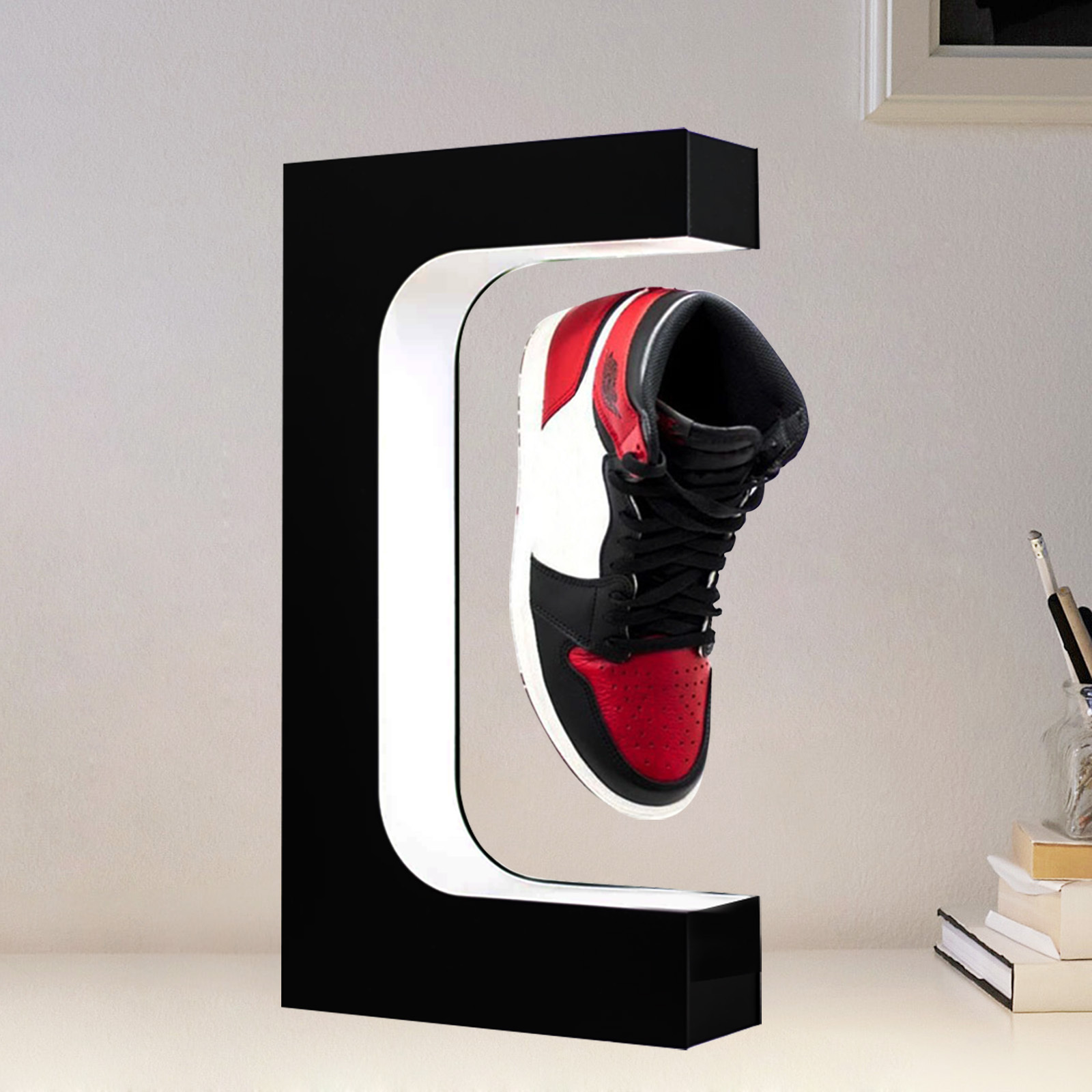 Factory Free customize spin magnetic levitation floating shoes display stands rack shelf levitating sneaker with led lights