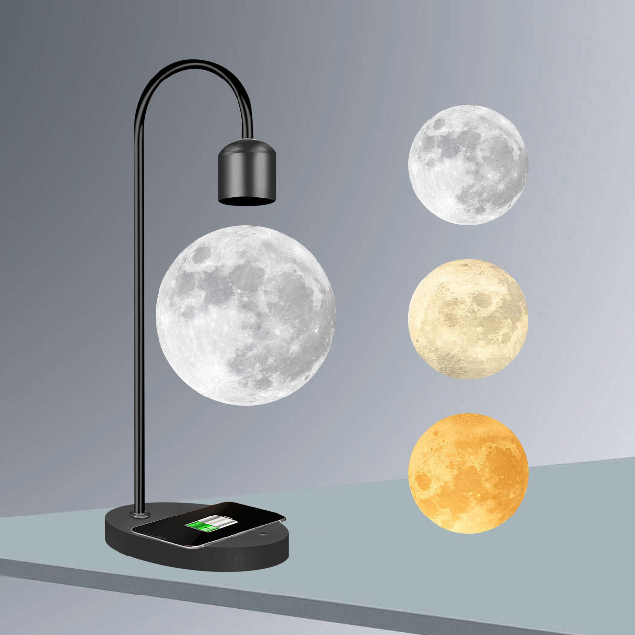 Color switchable magnetic levitation led light 3D floating levitated table levitating moon lamp with wireless phone charger