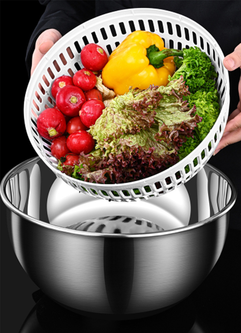 Manual 304 Stainless Steel Pum Bowl Colander Vegetable Washer Dryer Drainer Strainer Salad Spinner