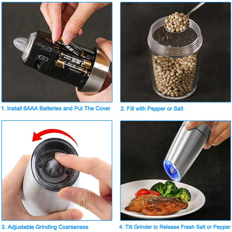 Adjustable Coarseness Stainless Steel Automatic Pepper and Salt Mill Gravity Electric Salt and Pepper Grinder Set with LED Light