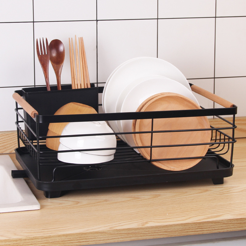 Dish Drying Rack with Drip Tray Stainless Steel Dish Drainer with Wooden Handles and Cutlery Holder