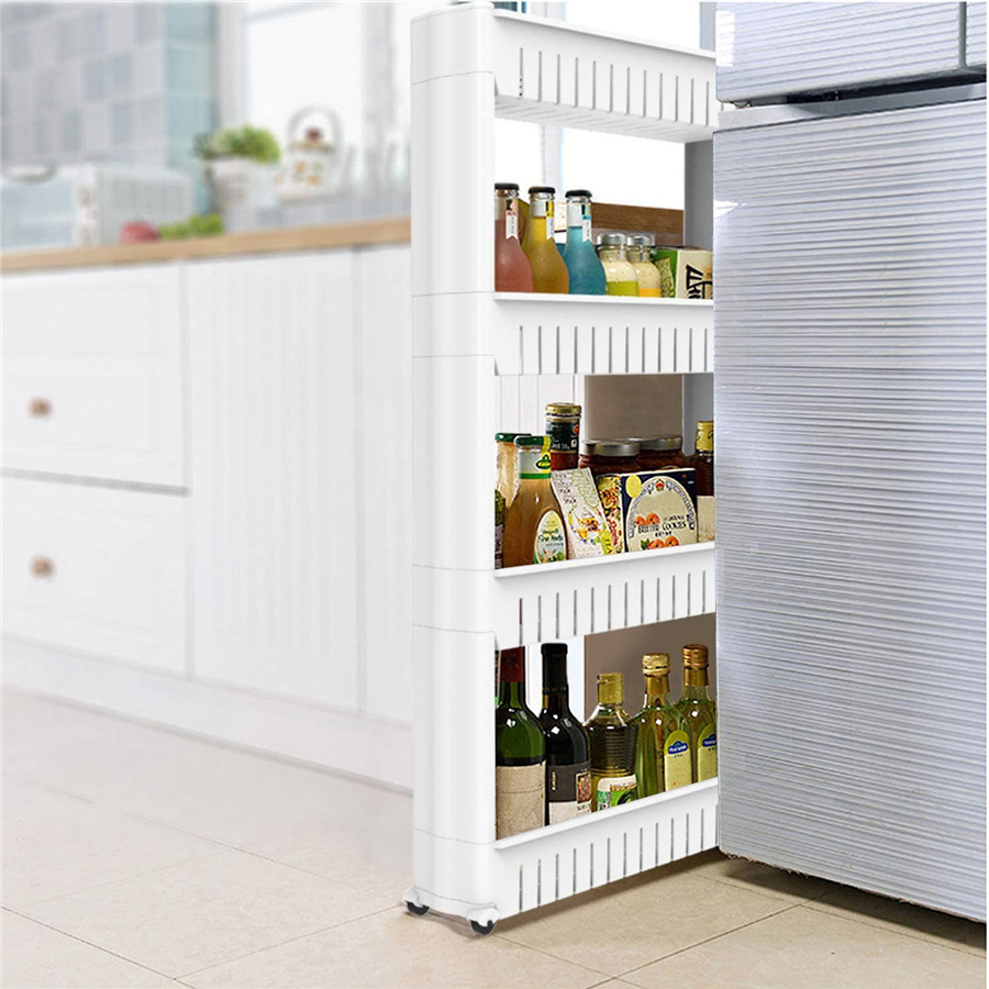 Slim Storage 4 Tier Slide Out Tower Pull Out Pantry Shelves Cart For Kitchen