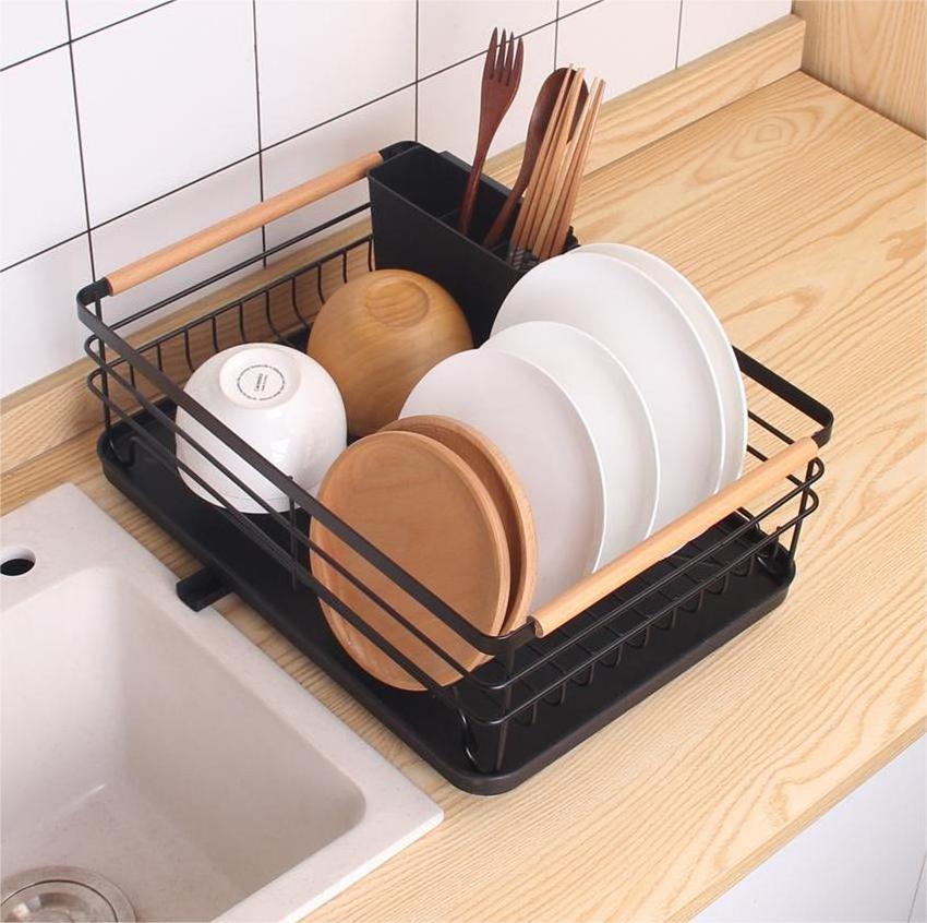 Dish Drying Rack with Drip Tray Stainless Steel Dish Drainer with Wooden Handles and Cutlery Holder