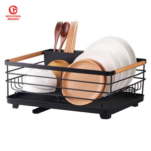 Dish Drying Rack with Drip Tray Stainless Steel Dish Drainer with Wooden Handles and Cutlery Holder