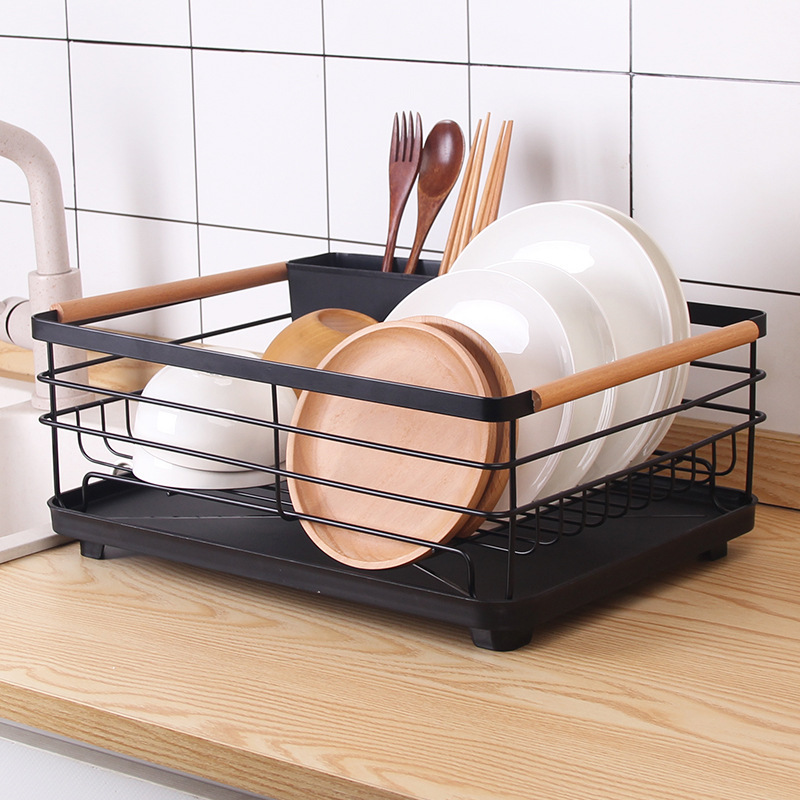 Dish Drying Rack with Drip Tray Stainless Steel Dish Drainer with Wooden Handles and Cutlery Holder