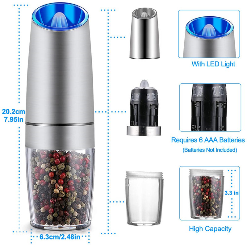 Adjustable Coarseness Stainless Steel Automatic Pepper and Salt Mill Gravity Electric Salt and Pepper Grinder Set with LED Light