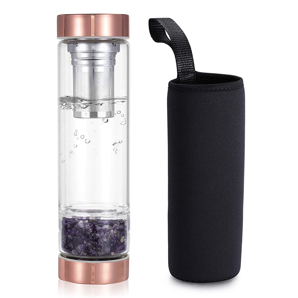 Glass tea cups water bottle with tea filter and amethyst stones crystal water bottle gift best selling products 2024