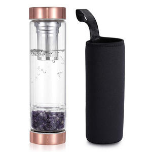 Glass tea cups water bottle with tea filter and amethyst stones crystal water bottle gift best selling products 2024