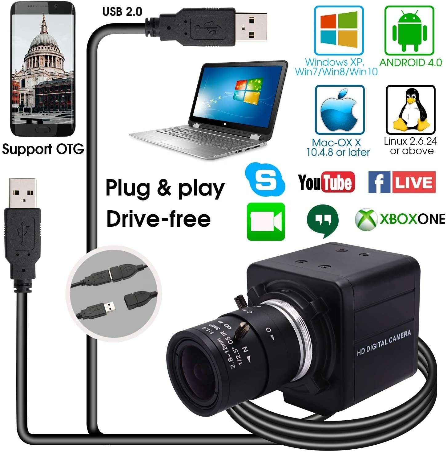 ELP 13 Megapixel 3840x2880 USB Camera IMX214 Sensor HD USB Webcam with 2.8-12mm Varifocal Lens