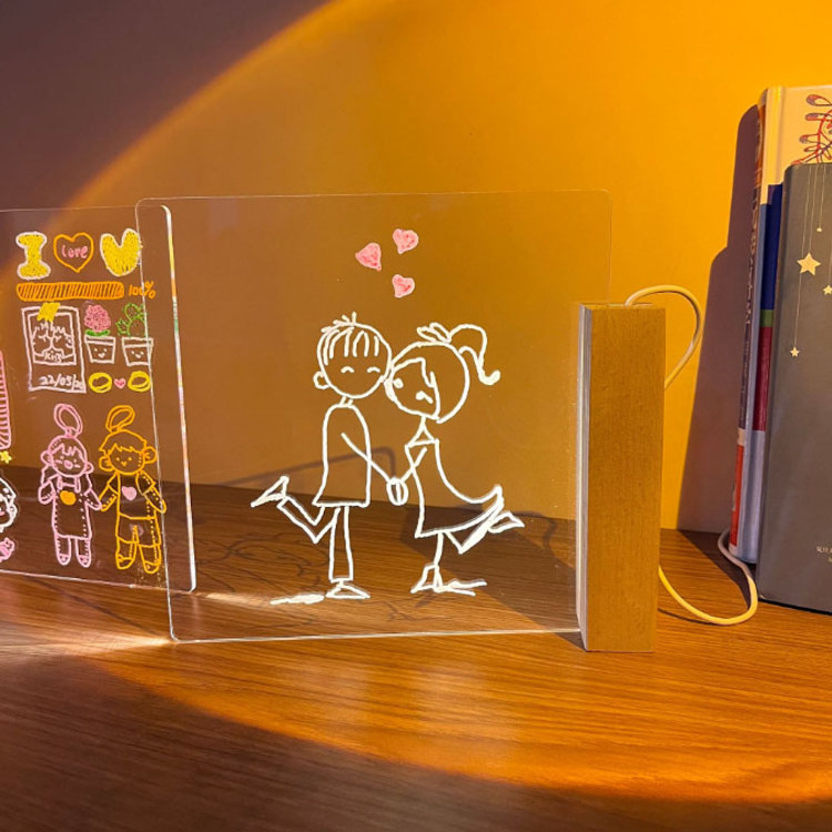 Children Wooden Acrylic Bracket Erasable creative led night light USB LED message note writing drawing board lamp