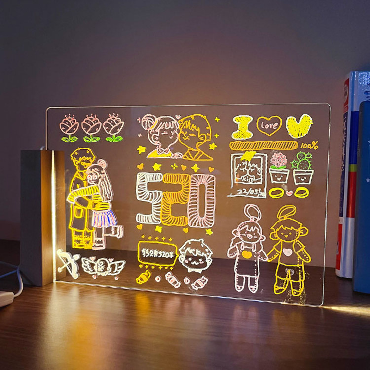 Children Wooden Acrylic Bracket Erasable creative led night light USB LED message note writing drawing board lamp