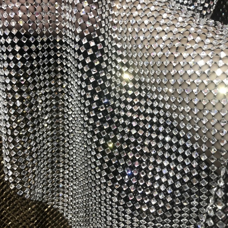 Haute Couture Crystal Rhinestone Mesh Glittering Custom Square Diamonds Rhinestone Net Fabric