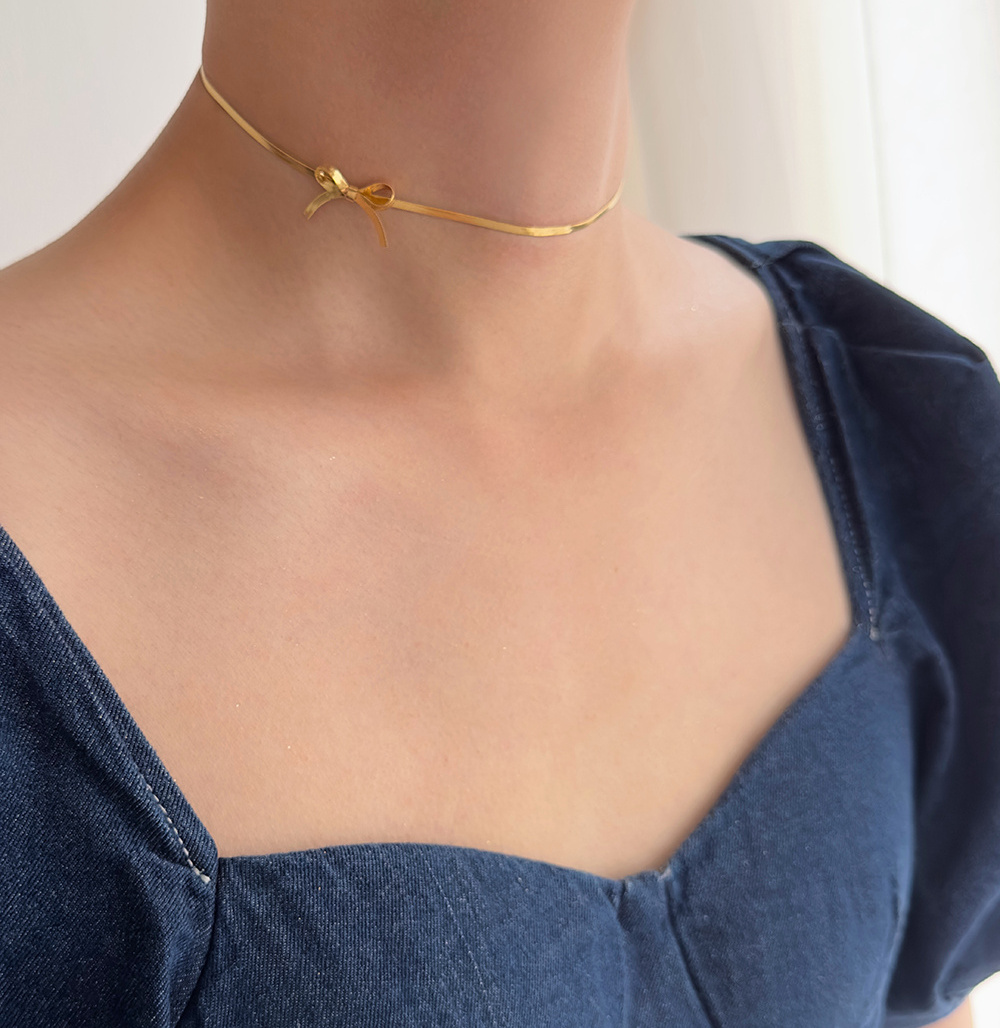 Factory bulks in stock 18k gold plated Bow knot Choker Snakechain stainless steel tarnish free and waterproof jewelry for woman