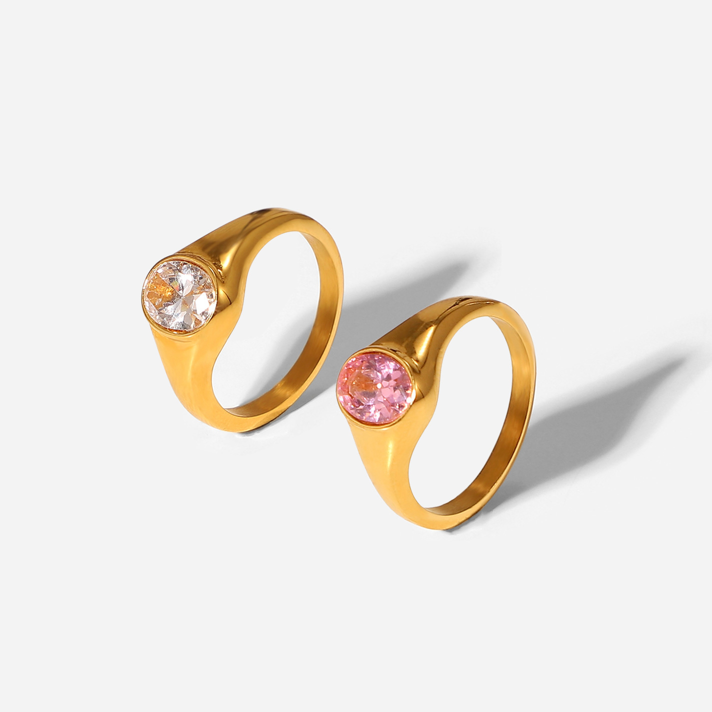 PVD gold plated 18k waterproof stainless steel oval gemstone rose pink clear transparent zircon stone lady's luxury finger ring