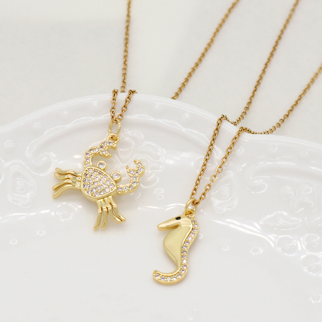 Women Custom Marine organism ocean series animals jewelry gold plated stainless steel Chain CZ Sea horse Crab Pendant Necklace