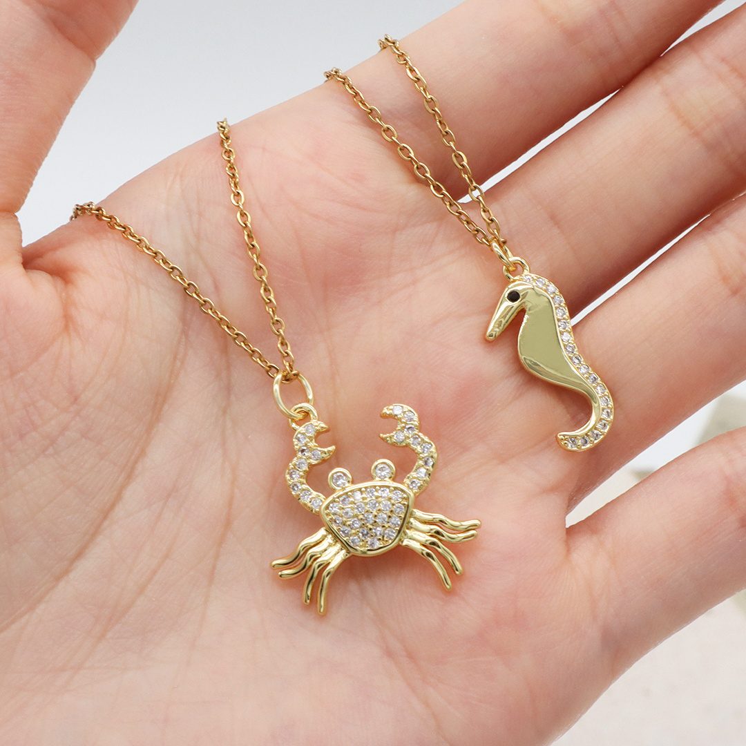 Women Custom Marine organism ocean series animals jewelry gold plated stainless steel Chain CZ Sea horse Crab Pendant Necklace