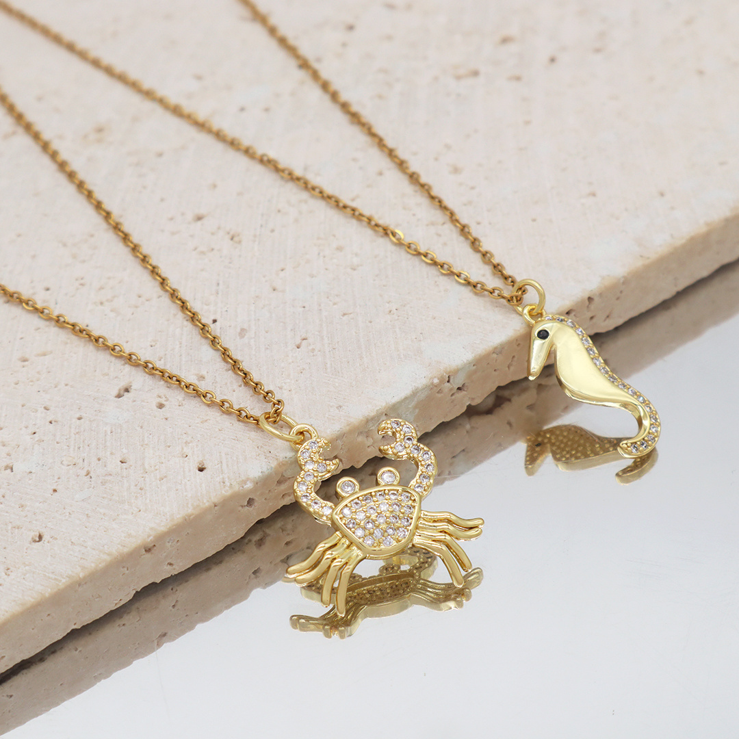 Women Custom Marine organism ocean series animals jewelry gold plated stainless steel Chain CZ Sea horse Crab Pendant Necklace