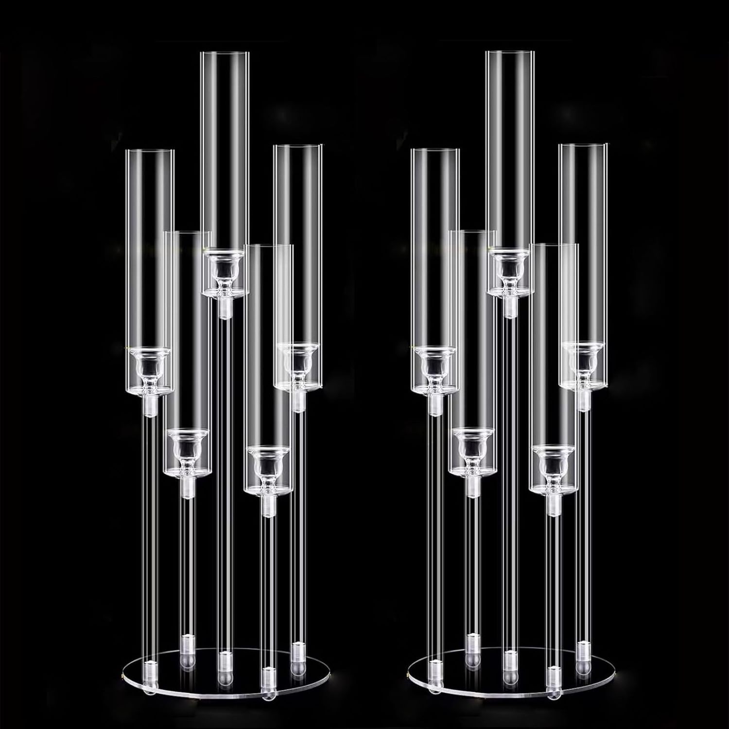 Acrylic Candelabra Centerpiece Clear Candle Holder 5 Arm Pillar Candlesticks with Circular Base for Wedding Table Decoration