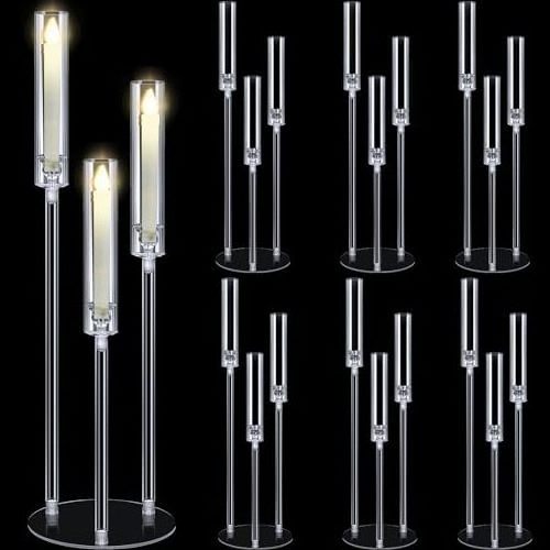 Acrylic Candelabra Centerpiece Clear Candle Holder 5 Arm Pillar Candlesticks with Circular Base for Wedding Table Decoration