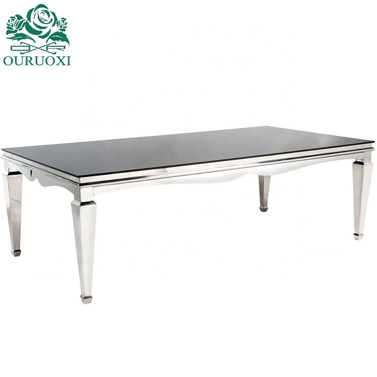 Romantic metal frame glass top rectangle stainless steel love furniture for wedding table