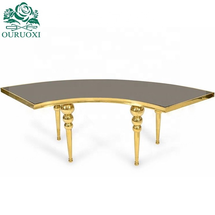 Gold stainless steel half moon mirror glass top gold table wedding for party event