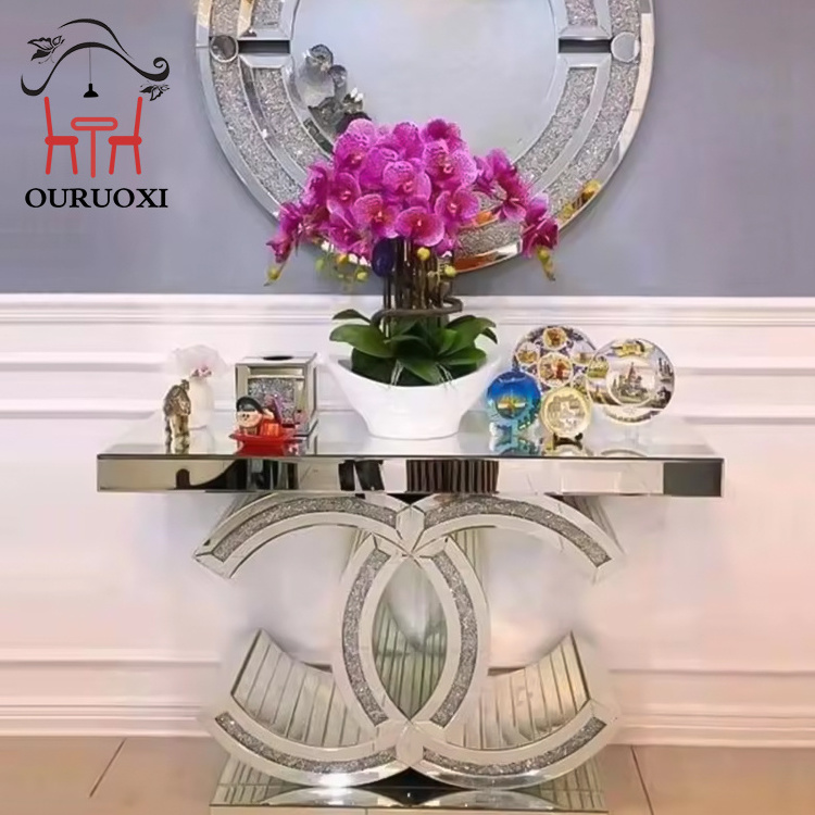 Newest Style Home Decorative Furniture Mirrored Sparkly Crushed Diamond Console Table Glass Modern for Living Room Furniture