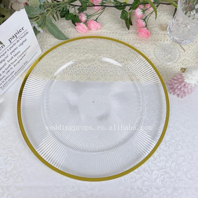 Top Quality Wedding Table Decoration Plate Plastic Clear Charger Plate With Gold Rim Dinner Plate For Wedding And Events