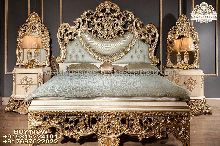 New Design Heavy Carved King Size Canopy Bedroom Set Luxury Gold Polished Four Poster Bed ...