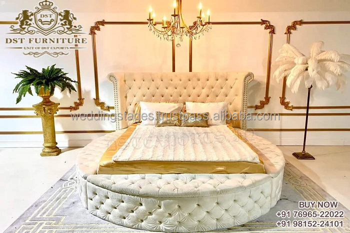 Modern Teak Wood King Size Round Upholstered Bed Queen Size Hand Carved Leather Round Bed Solid Wood Fashionable Round Bed BestSuppliers
