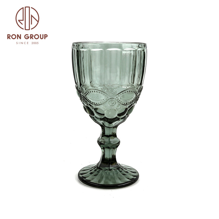 Wholesale hot selling big wine glasses embossing modern wedding drinking champagne goblet water and juice color glass cup