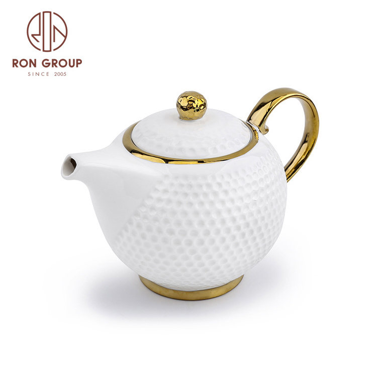 Factory Wholesale Price Royal OEM Gold Rim Bone Coffee Tea Teapot Porcelain White Glazed Teapots Round Ceramic Tea Pot with Lid