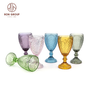 wholesale factory price wedding vintage champagne colored embossed glassware cheap glass cup blue water goblets