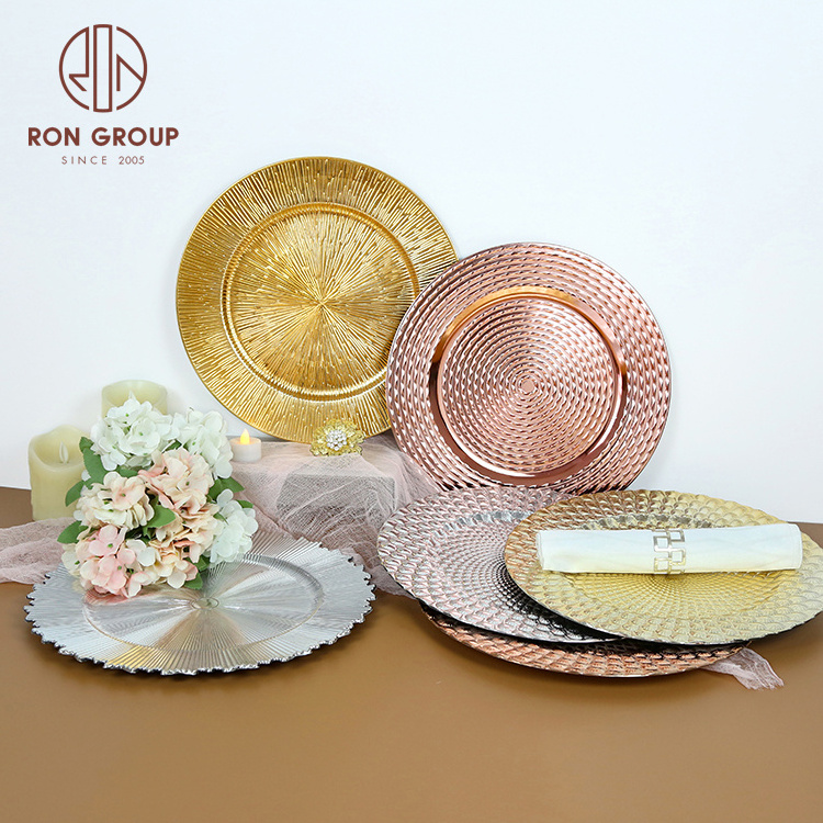 wholesale cheap price new restaurant event table decoration dinner round 13 inch rose gold reef wedding plastic charger plates