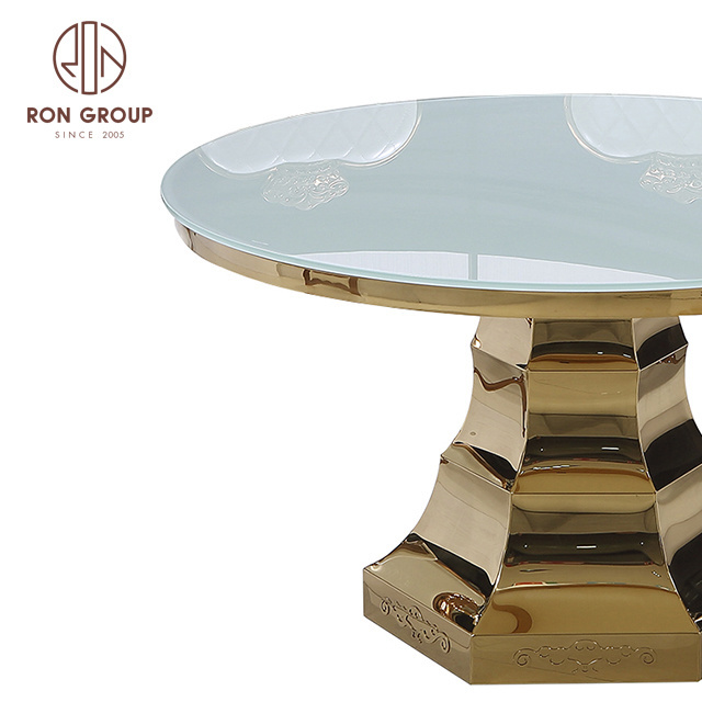 Foshan Factory Luxury Modern Party Italian Table Round Glass Marble Rose Gold Stainless Steel Leg Dining Wedding Tables