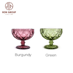 Factory cheap Decorative wine glassware 350ml Solid color beer juice goblet glass vintage embossed ice cream cup glass set