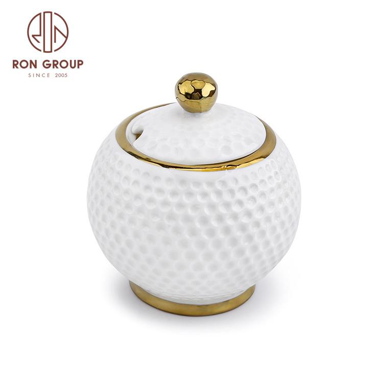 Custom Crystal Round Small Bottle Wedding Gold Rim Porcelain Canister Tableware Storage Ceramic Sugar Pot Candy Jar with Lid