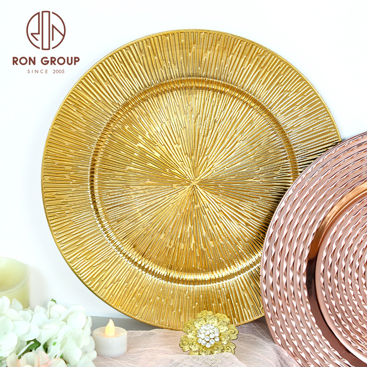 wholesale cheap price new restaurant event table decoration dinner round 13 inch rose gold reef wedding plastic charger plates