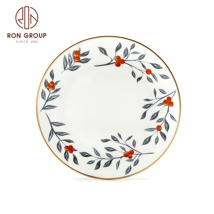 Modern Tableware Ceramic Dinner Flower Design Restaurant Hotel Gold Rim Round Serving Dish Set Bone China Plates for Wedding