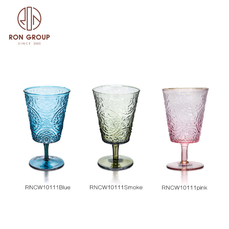 Wholesale Vintage Reusable Wedding Luxury Drinkware Glassware Embossed Glass Cup Pressed Cocktail Goblet Colored Wine Glasses