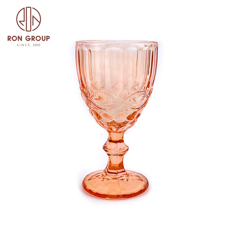 Wholesale hot selling big wine glasses embossing modern wedding drinking champagne goblet water and juice color glass cup