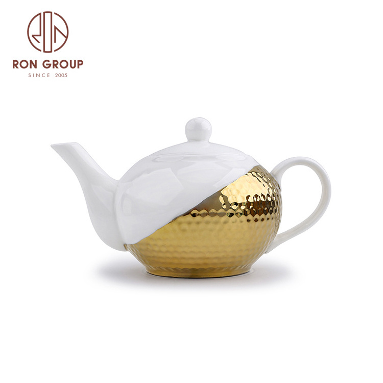 factory wholesale price porcelain white glaze color gold plated round ceramic small tea pot set bone china coffee water teapot