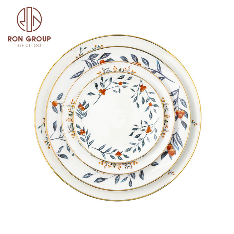 Modern Tableware Ceramic Dinner Flower Design Restaurant Hotel Gold Rim Round Serving Dish Set Bone China Plates for Wedding