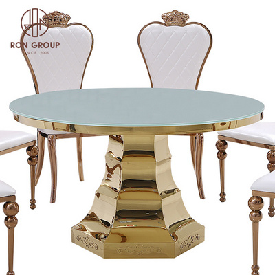 Foshan Factory Luxury Modern Party Italian Table Round Glass Marble Rose Gold Stainless Steel Leg Dining Wedding Tables